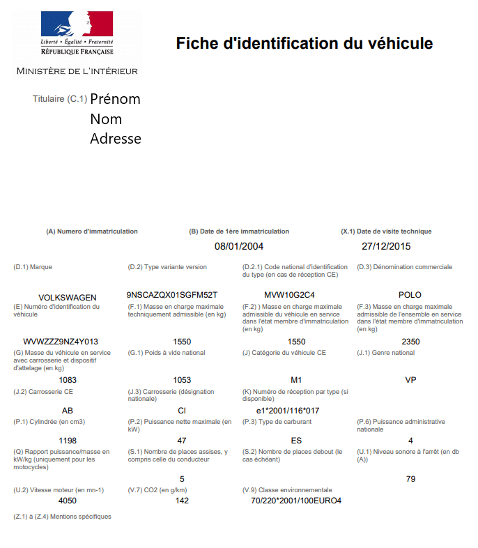 la fiche d'identification d'un véhicule atteste officiellement de la propriété d'un véhicule en cas d'absence ou de perte de carte grise